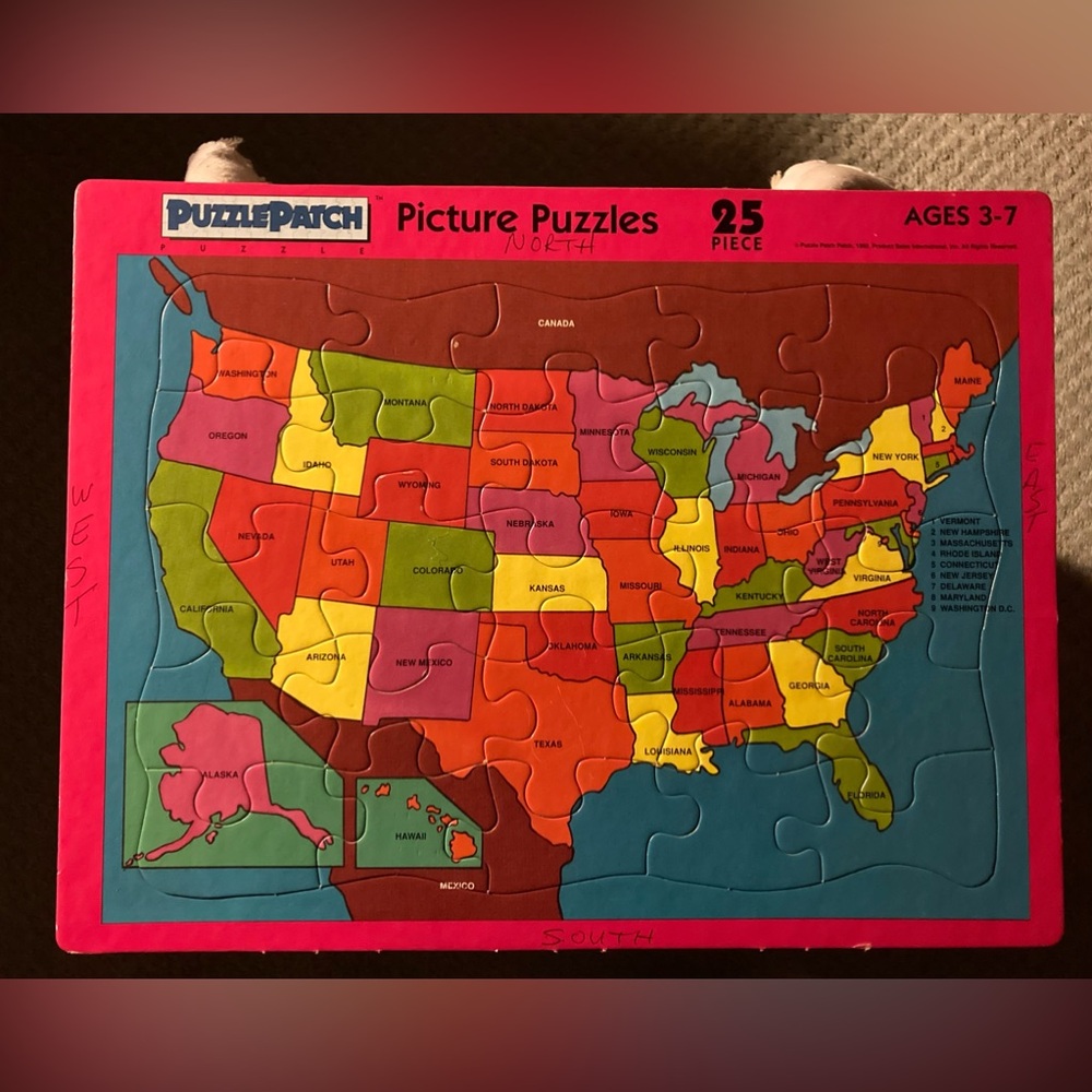 Puzzle Patch Cardboard Frame Tray Puzzle US; US Flash cards.  Vintage, Preowned